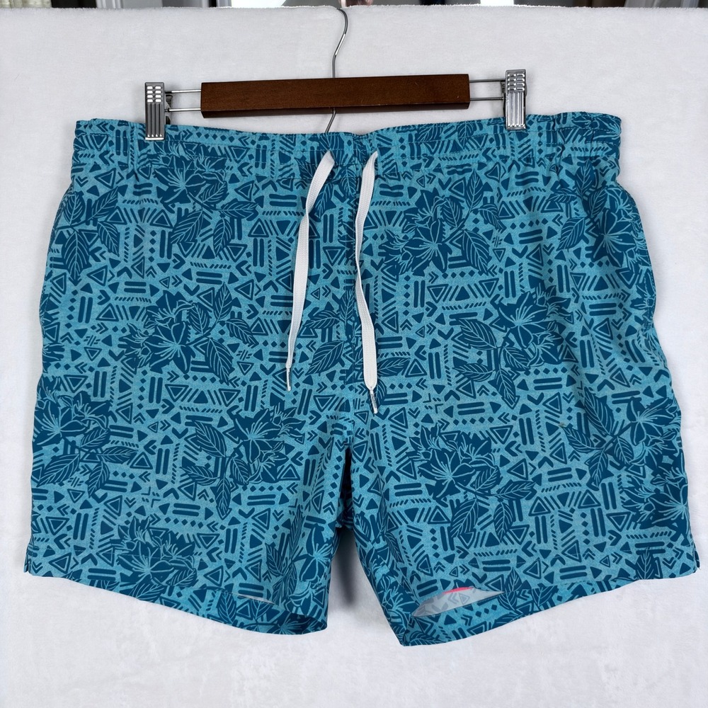 Chubbies Mens Swim Trunks Large Teal Blue Geometric Floral Tribal 5.5 Inseam